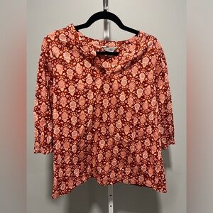 Croft & Barrow Orange Red Floral Print Cotton 3/4 Sleeve V-Neck Shirt Size XL
